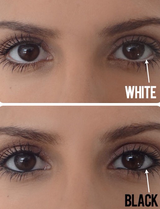 9. Make Eyes Appear Bigger
If you don’t already own a white pencil, invest in one now just for this simple trick! Instead of lining your water line with dark eyeliner, use a white pencil to create the illusion of a bigger eye. If you squint your eyes a little at this picture comparison, you’ll see!!