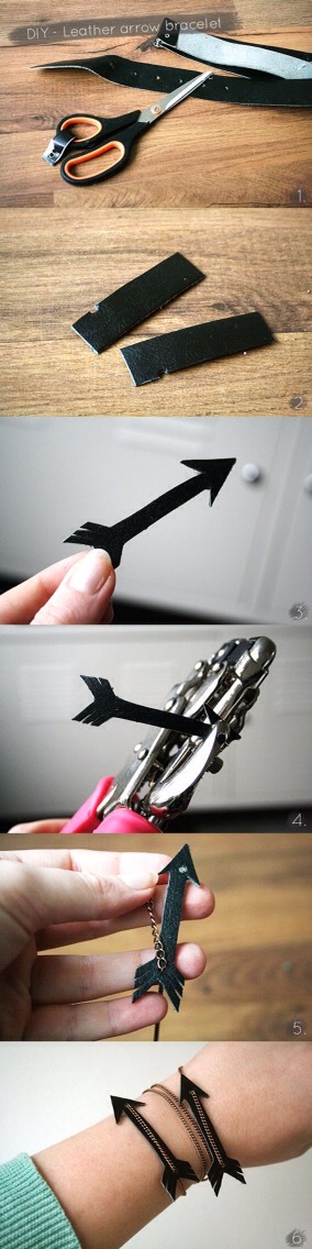 The Leather & Chain Arrow Bracelet

Full instructions here:
http://bywilma.com/2012/09/21/diy-leather-arrow-bracelet/