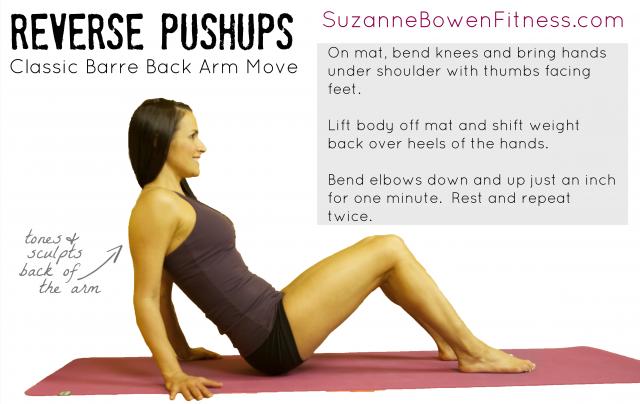 Reverse Push-up: Have you seen a ballerina’s arms? Those pretty things may look delicate, but they are strong, too. Who doesn’t want that? Try this move out to not only get those toned arms, but while keeping your core tight along the way, you’ll see a stronger abdomen as well.25 reps.