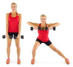 Side Lunge Row: Grab a pair of dumbbells and get to work! You’ll feel this move all over your body. Do the move as many times as you can for 60 seconds.