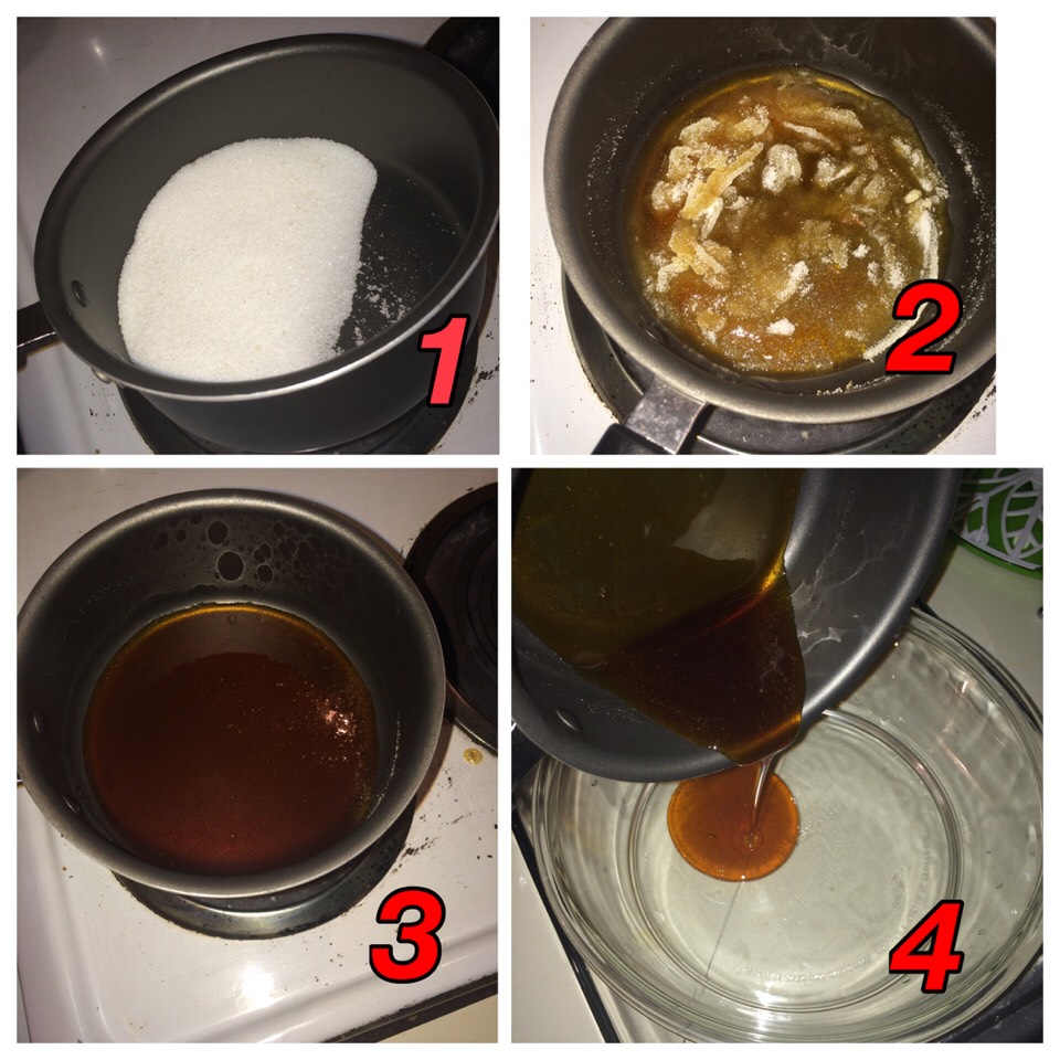 First we will make the caramel , turn on the stove low to medium and wait until the sugar dissolves then poured the caramel in the small container of glass then pre-heat the oven 350 degrees