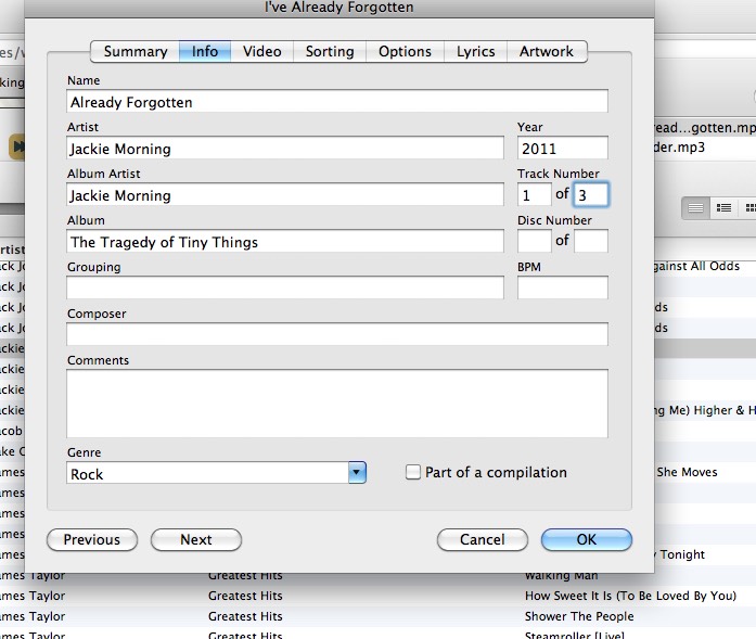 Now you are going to want to fix the names of the songs. Right click the song you want to change, and click either properties or information or something of the sort and you wi be able to change all the info for the song, and you can add the artwork if you'd like
