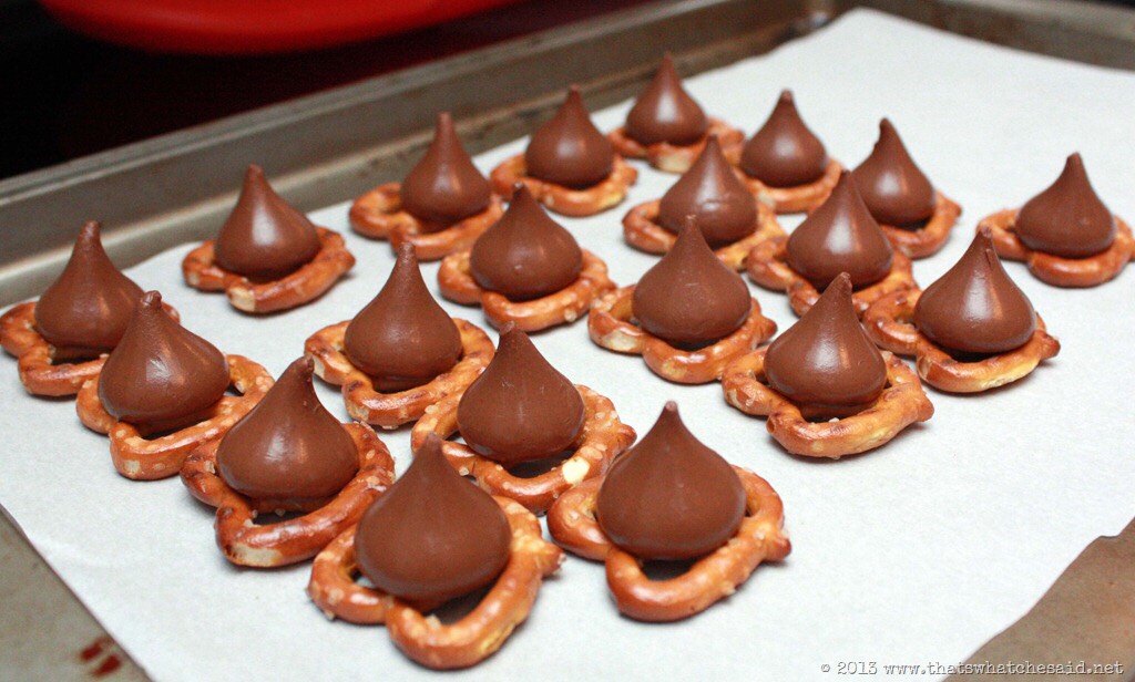 Step 1: Put your pretzels on a cookie sheet or plate (Use a cookie sheet to fit more pretzels)

Step 2: Lay a Hershey's kiss on each pretzel

Step 3: Put your cookie sheet or plate into the oven (Use a microwave if you use a plate) and cook for a couple of minutes. I recommend 2-3.
