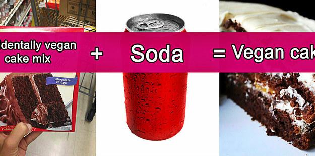A weird, but genius and amazingly simple cake hack: Buy “accidentally vegan” cake mix, and replace eggs with soda. It’s a miracle.