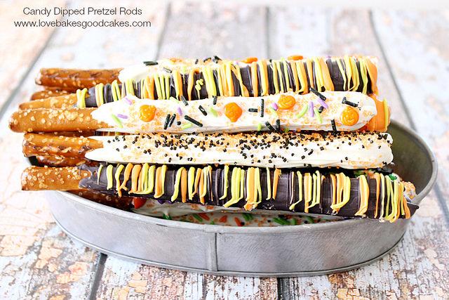 1. Lay out a 3 foot strip of wax paper. Line up the pretzels on the wax paper leaving a space between each. Remove any broken pretzel rods.