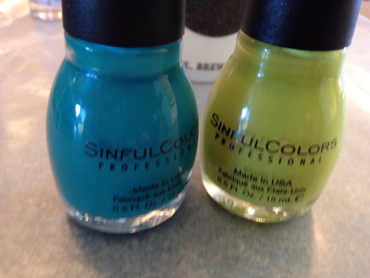 I used sinful colors the teal is  called "rise and shine" and the green is called "innocent"