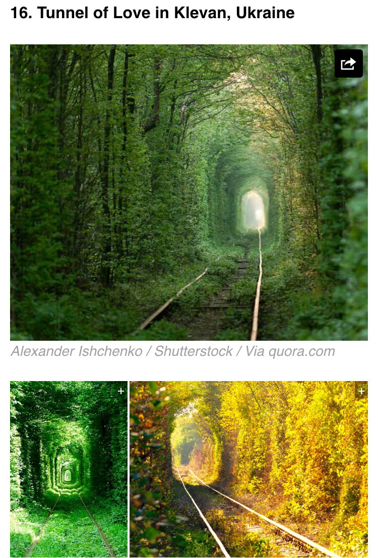 This railway engulfed in a tunnel of leaves is a Pinterest favorite and a Ukrainian hot spot for lovers. Although it's undoubtedly romantic, there is an active train that travels through the tunnel three times a day to deliver wood to a factory. Just beware of the train before snapping pictures!