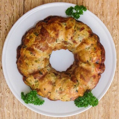4. Bake, turning once halfway through for 45-55 minutes or until the top is golden brown and the stuffing has expanded. Allow to cool for 30 minutes before inverting on a plate and serving.