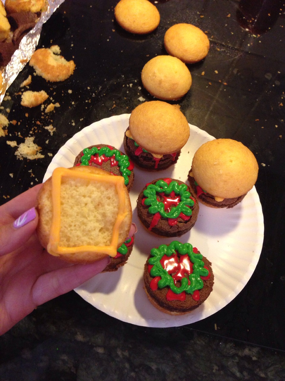 For the cheese just draw a square on the top half of the cupcake to he the effect of a slice of cheese. 