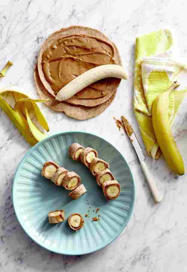 1. Banana Dog Bites

Here's a reason to get excited about a classic-old combo: bananas — a darling energy-boosting carbohydrate — wrapped in wheat tortillas and peanut butter. 
