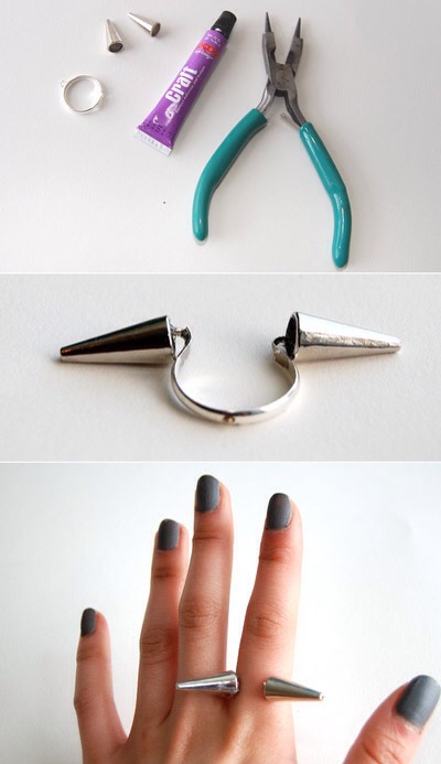 The Spike Ring

Full instructions here:
http://www.studs-and-pearls.com/2011/04/diy-spike-ring.html?m=1