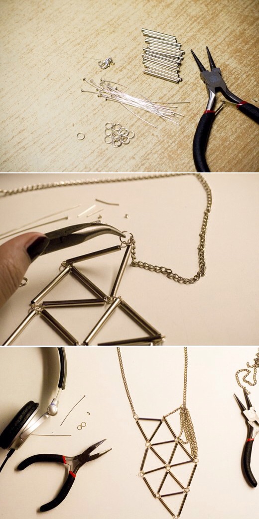 Silver Bugle Geometric Necklace

Full instructions here:
http://www.parkandcube.com/do-it-yourself-silver-bugle-geometric-necklace/