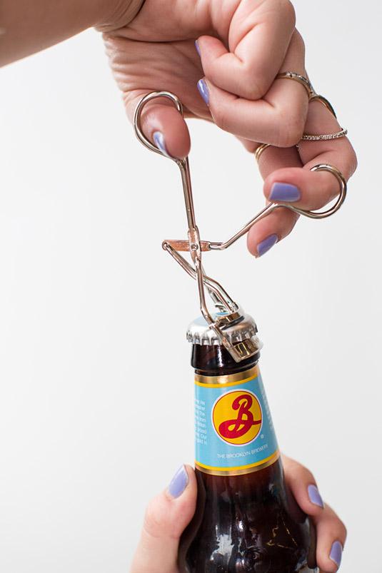 BONUS TRICK: Use an eyelash curler to open a beer. (Note: your eyelash curler may or may not be usable again after trying this tip.)