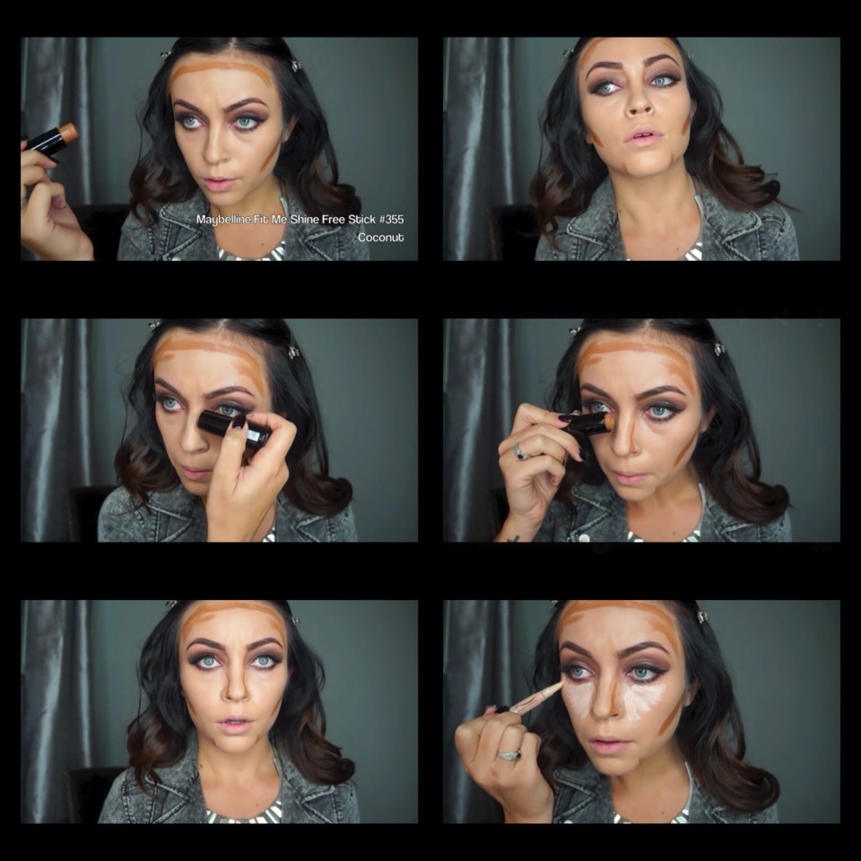 Continue contouring on the sides of your chin and then down the sides of your nose
Next brush concealer underneath your eyes in a fanned out triangle shape