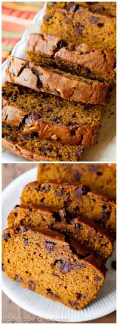 3/4 cup (150g) granulated sugar
1/2 cup (100g) light or dark brown sugar
1 and 1/2 cups (340g) pumpkin puree (canned or fresh)
1/2 cup (120ml) vegetable oil, canola oil, or melted coconut oil
1/4 cup (60ml) orange juice
2/3 cup (120g) semi-sweet chocolate chips*