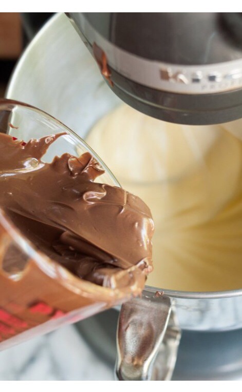 7. Combine the eggs and Nutella on low speed, drop spoonfuls of Nutella using a spatula