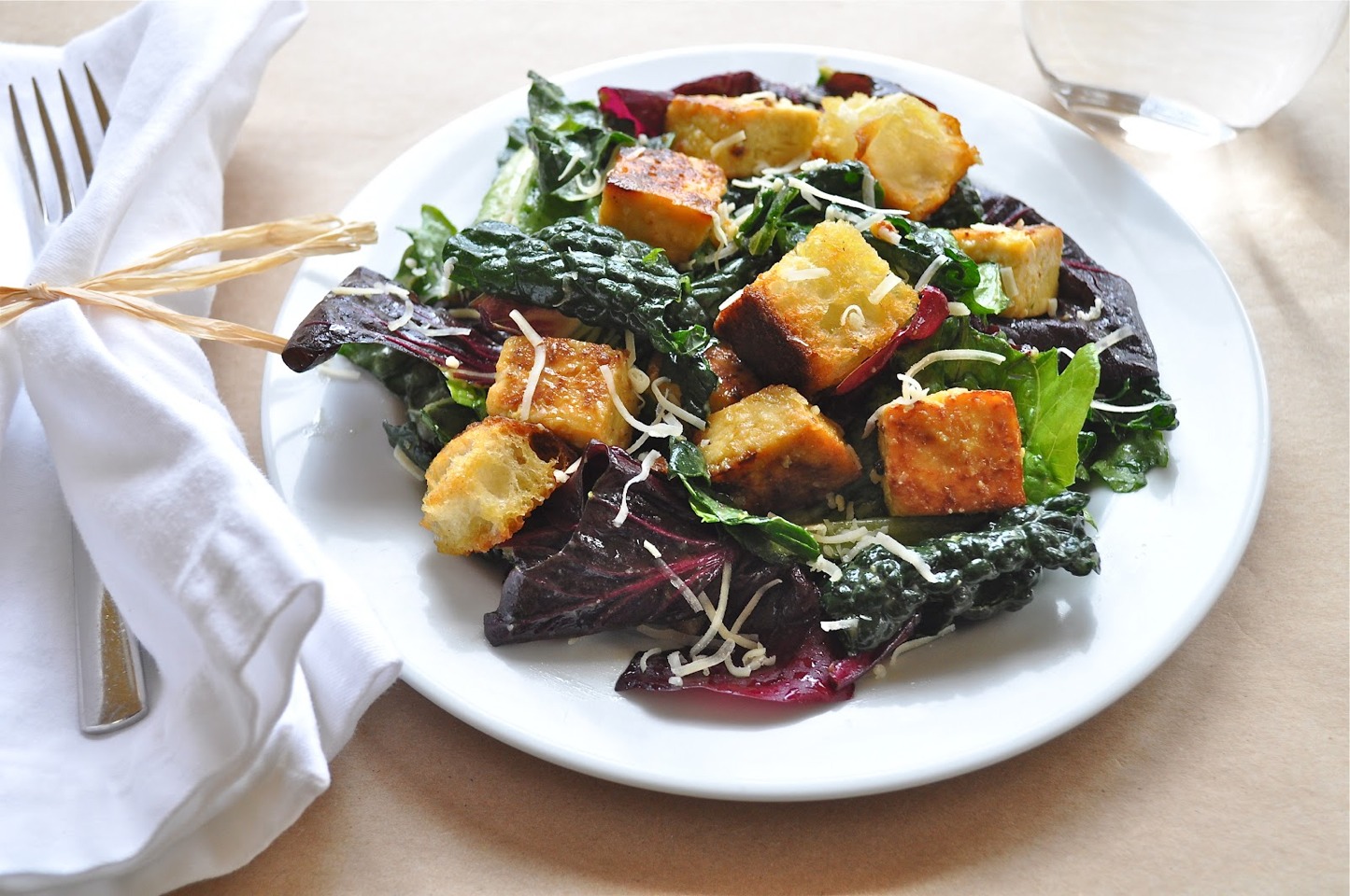 22. Miso-Tofu Salad: Chop 1 inch fresh ginger in a blender; purée with 3 tablespoons miso, 2 tablespoons water, 1 tablespoon rice wine vinegar, some soy sauce and chili paste. Blend in 1/2 cup peanut oil. Drizzle over baby spinach and cubed tofu.