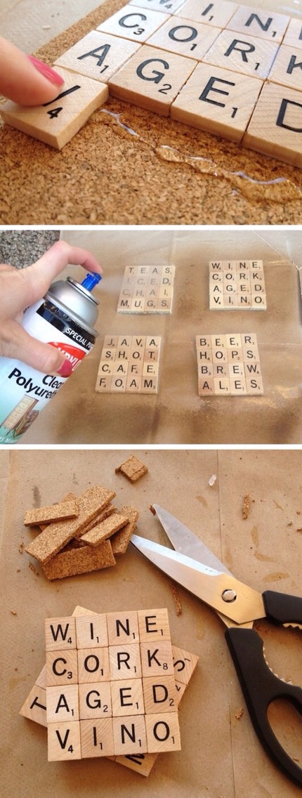 19. Custom Scrabble Coasters
It turns out you don’t have to buy a dozen Scrabble games to do this project; You can buy a pack of 100 tiles for less than $5 on Amazon.