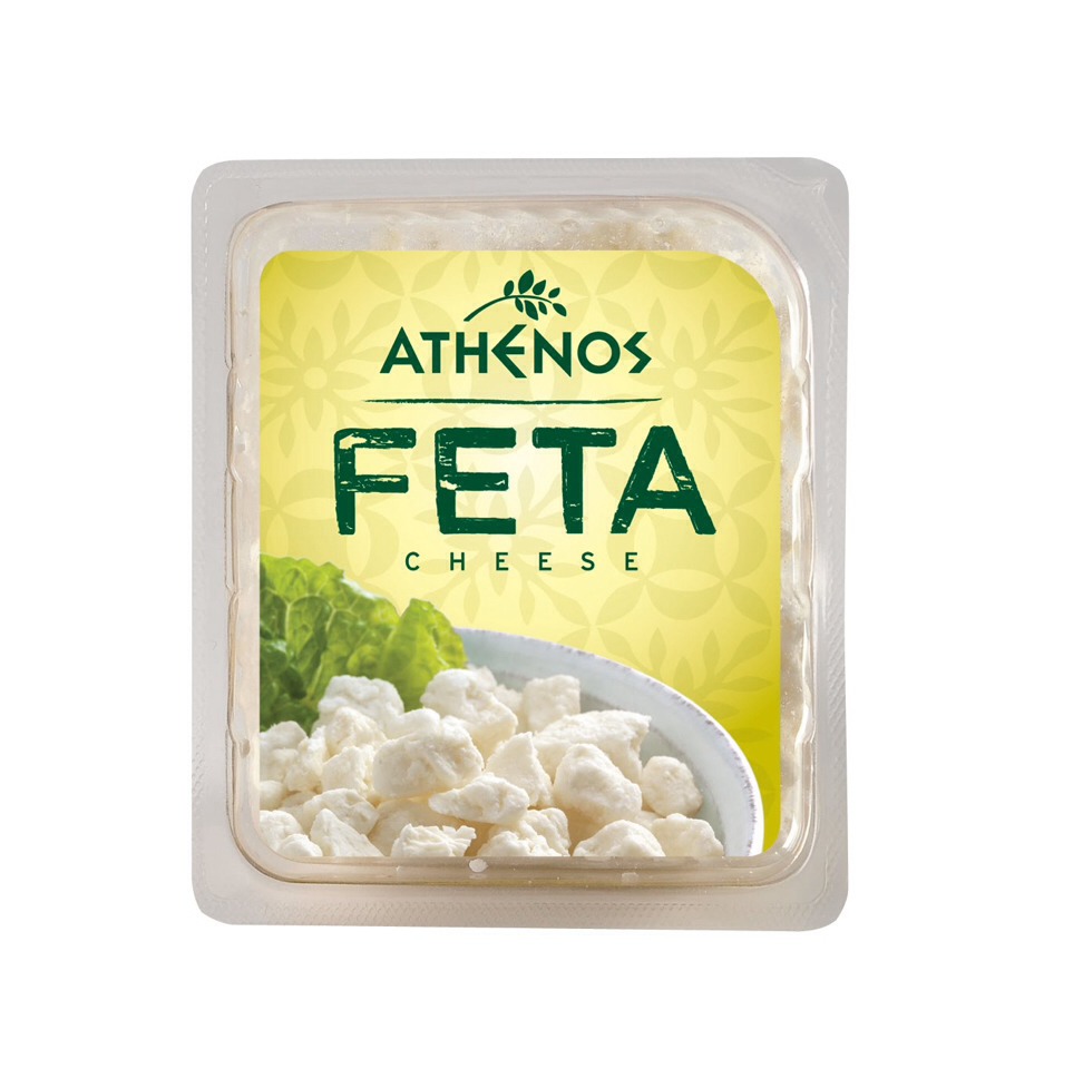 Now crumble feta cheese all over the top of your tomato and cucumber mixture. I prefer the round Kraft container of Feta.
