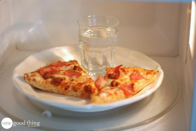 When microwaving pizza, put a small glass of water in the microwave to keep the crust from getting chewy.