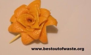 Food Garnishing 

Let’s make a food more attractive using wastage part of orange, yes i say about orange peel. Make a flower’s petal from peel and using tooth-pick, you can collect all petal and make a perfect flower for garnishing.I got this idea from the garnishing food’s ideas website.