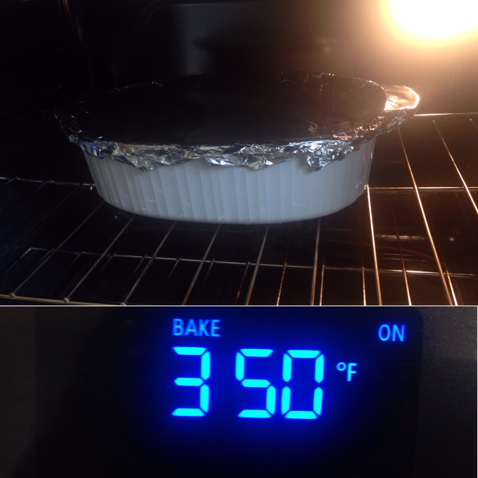 Cover with aluminum foil and cook at 350 degrees for 35-40 minutes, take aluminum foil off for last 5 minutes.