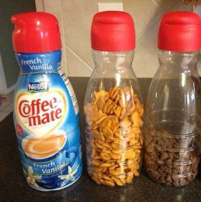 Empty coffee creamer containers make a great snack holder 