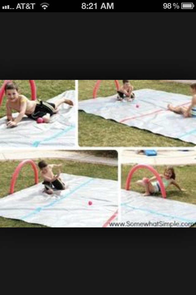 2.) MAKE A HOCKEY MAT!!
I used a tarp and then I spray painted some lines. And use pool noodles for the goals!  