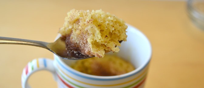 Donut in a Mug

Ingredients: 

- 3 tbsp of flour

- 2 tbsp of brown sugar

- 1 tbsp of white sugar

- 1/2 tsp of cinnamon

- 1/2 of a beaten egg

- 1 1/2 tbsp of milk
