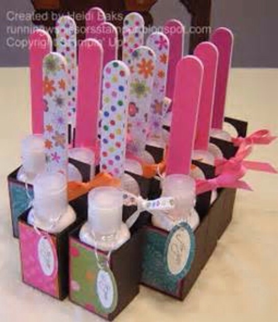 Mini nail kits. Fill with lotion and nail files. Simple and easy for party favours