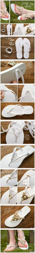 3. Fancify your cheap flip flops with some ribbon and beads.