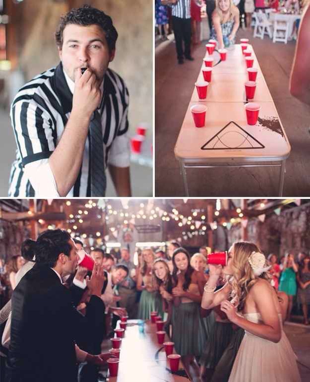 Play a game of “flip cup” for your after-party.
Bridesmaids vs. groomsmen! Girls vs. guys! Old people vs. young people!