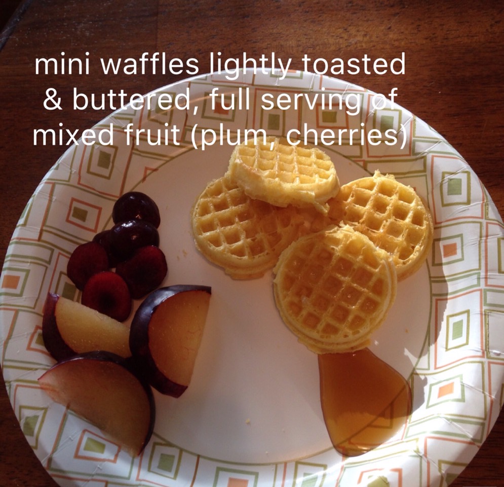 Your choice of drink: full serving of milk, apple, or orange juice. Look for juices with the lowest % of sugar.