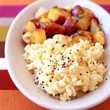 Breakfast idea #2
3 scrambled egg whites cooked in 1 tsp of butter, sea salt and pepper. Optional - incorporate spinach, peppers, onions, broccoli, or other veggies of your liking.
Serve with sautéed Rosemary potatoes and a cup or freshly squeezed orange juice