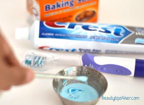Step 2: — Grab some toothpaste and 1 tsp baking soda and dilute with water to reach a toothpaste consistency then brush your teeth using this mixture.