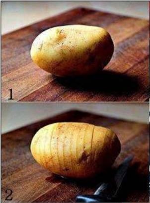 1. Preheat the oven to 400 F (200 C).
2. Scrub the potatoes clean.
3. Using a sharp knife, make slices across the potato, being sure to stop before you reach its bottom.