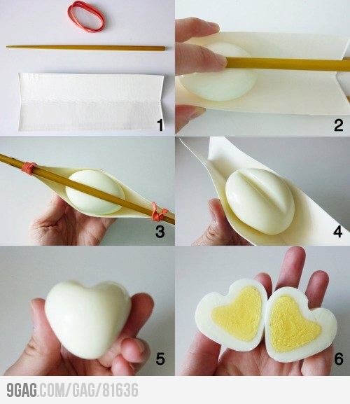 Get a wood stick. Press it in the middle. And cut it in the half to get a heart shape egg. 