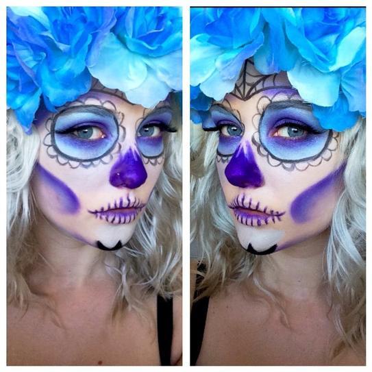 17.Go for purple and blue shadows over your eyes and create a circle with black eyeliner. Apply the purple paint on your nose and lips, as well.