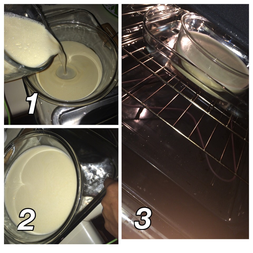 Finally put the mixed ingridients in the small container of glass where we put the caramel
and in the big container of glass add warm watter and then put the small container in the big one ,Then put it on the oven ,bake for about an hour at 350 degrees