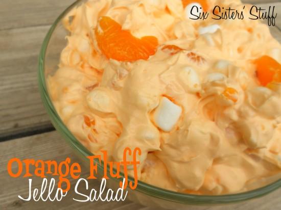  Orange Fluff Jello Salad ~ A delicious fruit salad that combines pudding, jello marshmallows, fruit and cool whip.  It's a wonderful chilled salad perfect for the warmer months.