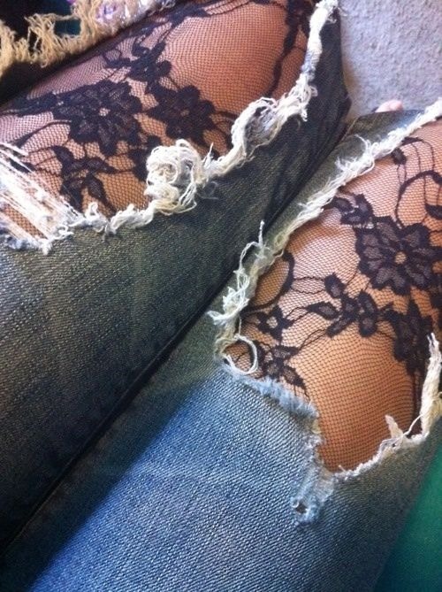 23. Tights Under Ripped Jeans
How pretty! Not to mention a great way to stay warm in the winter. You could do this with any pair of tights depending on your style, but I do love the lace. For a more casual look, perhaps just a pair of plain tights would do. LOVE this!