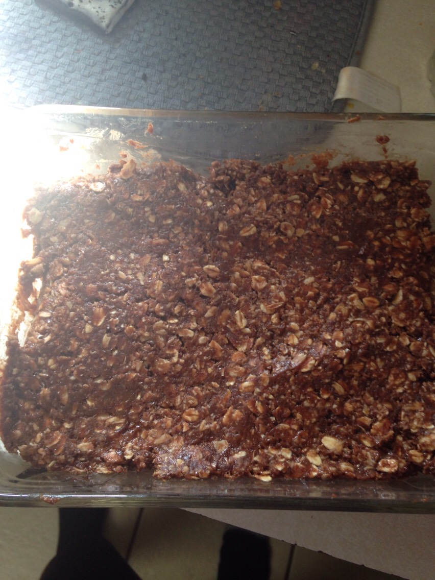 Spread into brownie glass pan, use your hands to make it flat, add chopped pecans or walnuts on top
Makes. Good snack on the go, pre and post workout meal as well!!