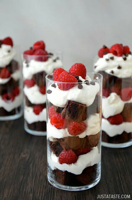Individual fruit and chocolate brownie trifles