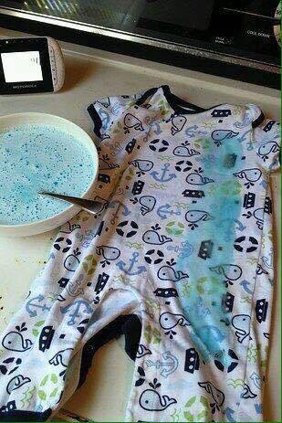 Dawn soap, peroxide, and baking soda mixed together, will get out almost any baby food stain!!