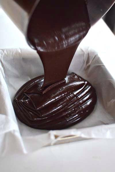 Pour the chocolate mixture into the pan; shake the pan gently to level.