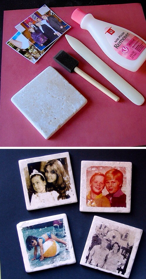 27. Photo Tile Coasters
I’ve never seen this technique before, but I like it! I’ve always got nail polish on hand, and I have those same tiles left over from our bathroom renovation. I like how the photos don’t transfer perfectly, too. It gives them more of a vintage look and feel.