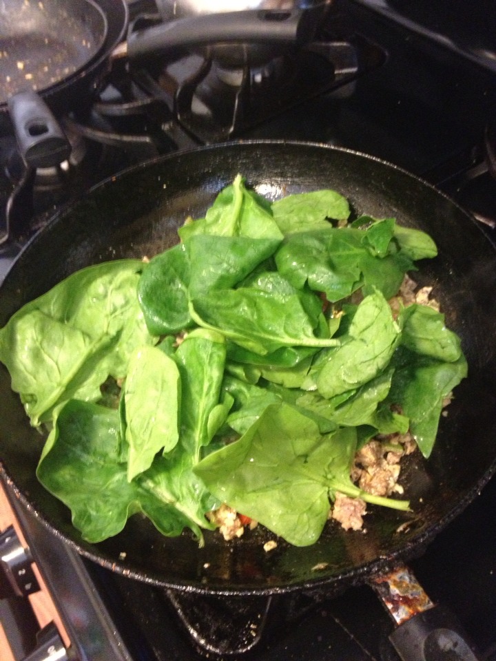 Then add in some fresh spinach. You can also substitute for kale or something else.