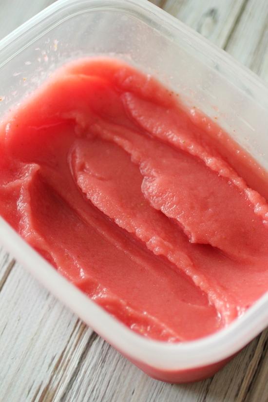 2. Enjoy sorbet immediately or place in a Tupperware container and freeze until you are ready to enjoy! Remove from the freezer and let soften for about 5 minutes before enjoying!