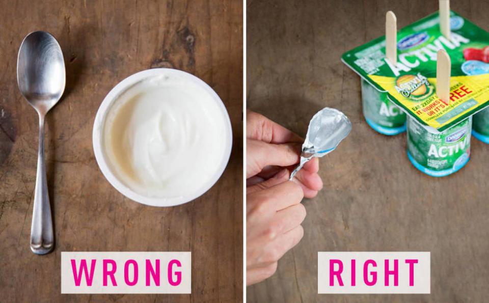 9. You eat yogurt with a spoon. Stick a popsicle stick through the lid and freeze to create a yogurt pop you can eat with one hand. Or, if your yogurt has a foil lid, upcycle and use it to scoop the yogurt.