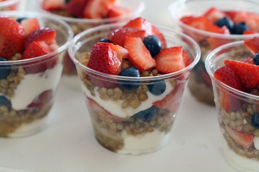 Yogurt parfait- this breakfast treat us perfect anytime of the day. Just layer yogurt(try non fat or low fat Greek yogurt), fruit(any fruit of your choice) and granola (homemade or store bought). Try different fruits to change it up a little. 